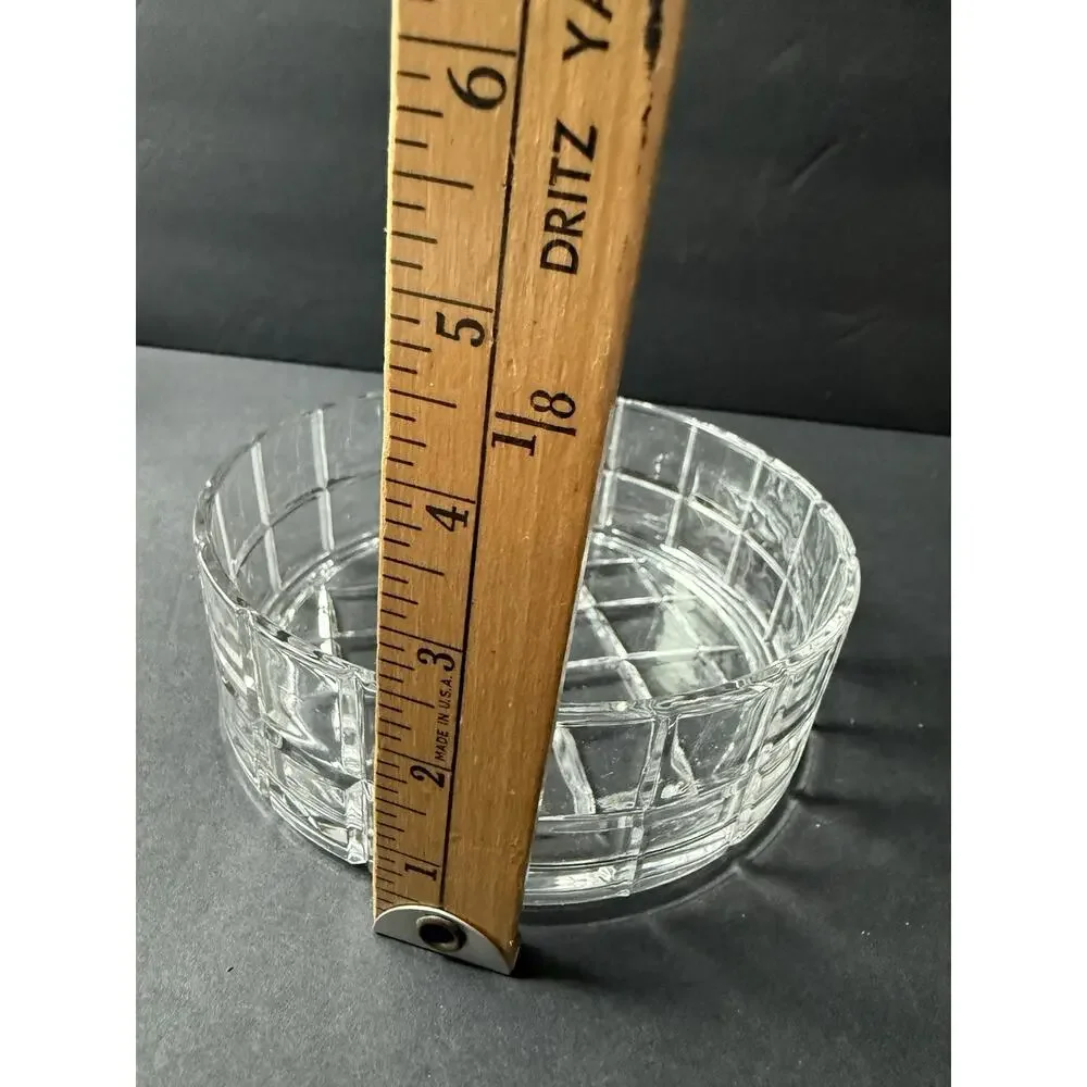 Vintage Cut Crystal Glass Tartan Pattern Bowl Clear Round Modernist Trinket Dish